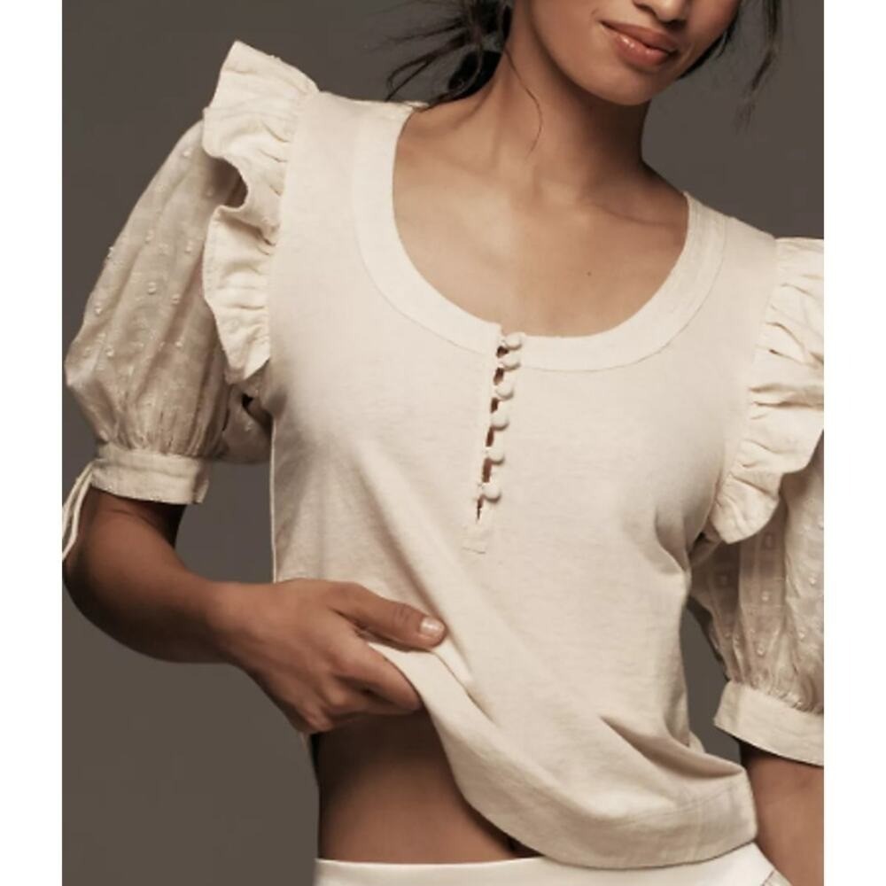 Anthropologie button front top tie And Embroidered sleeves
